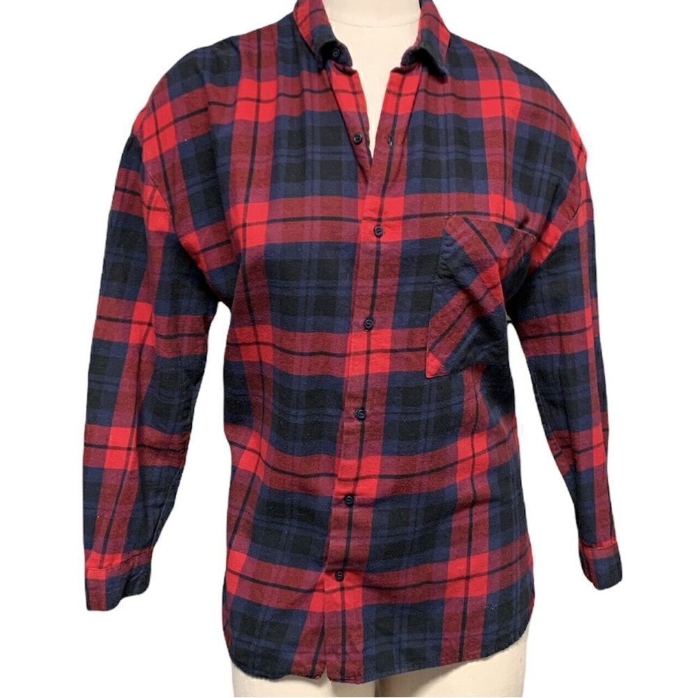 Zara buffalo red blue Plaid button up long sleeve cotton  flannel shirt -S